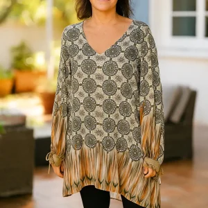 Tunique Giulia – Imprimé Baroque – Manches Dorées – Dos Long – Made in Italy