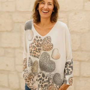 Pull Wild Heart Cœurs Léopard Beige – 15% Laine Oversize – Made in Italy 36-46
