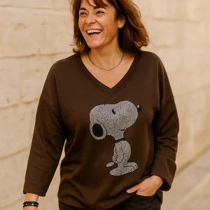 Pull Shiny Pup Motif Chien Snoopy Strass – Dos Long Oversize – 36-48