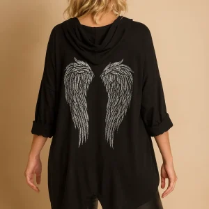 Veste Oversize Capuche Ailes Strass – Devant Uni – Dos Détail – Made in Italy