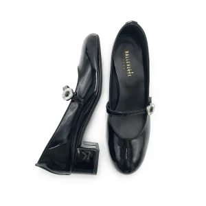 Ballerine Mary Jane nere in vernice con tacco e cinturino gioiello