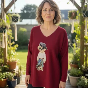 Pull Ourson Chic Motif Brodé Détails Dorés – Oversize – Made in Italy 36-50