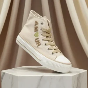 Baskets Amour Brodées – Semelle Épaisse Blanche – Toile Beige 36-41