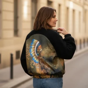 Veste Bomber Aigle Tribal – Manches Laine Bouclée – Plumes Multicolores – Jusqu'au 48 – Made in Italy