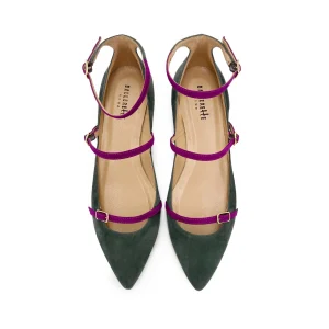 Ballerine a punta verdi in camoscio con cinturini peonia