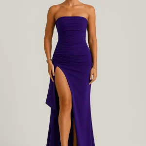 Robe Longue Sans Bretelles – Drapée Taille Haute et Fente Latérale