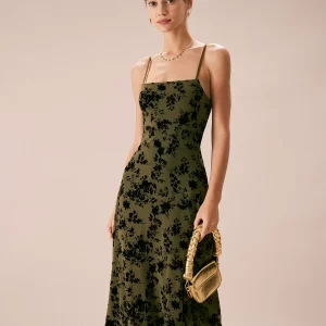 Robe Midi Verte à Imprimé Velours
