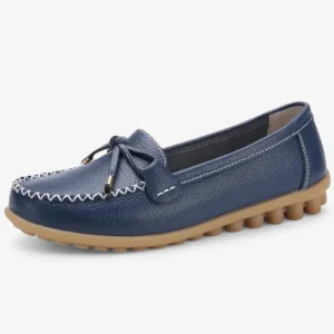 Mocassins Femme en Cuir Bleu Marine avec Nœud Esthétique