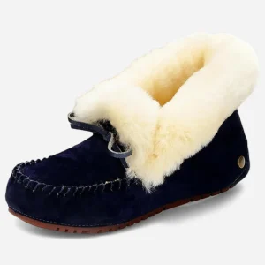 Mocassins Femme Hiver en Cuir et Laine Bleu Marine