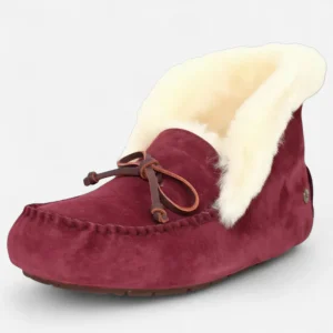 Mocassins Femme Hiver en Cuir et Laine Bordeaux