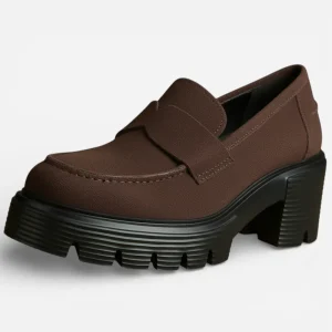 Mocassins Femme en Cuir Marron à Talon Plateforme