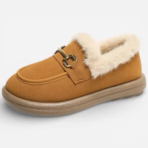 Mocassins Femme Hiver en Coton Marron Slip-On