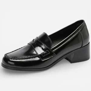 Mocassins Femme en Cuir Noir à Talon Penny Loafer