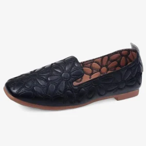 Mocassins Femme Ajourés Noirs à Motif Floral