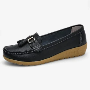 Mocassins Femme en Cuir Noir Souple Tassel Loafer