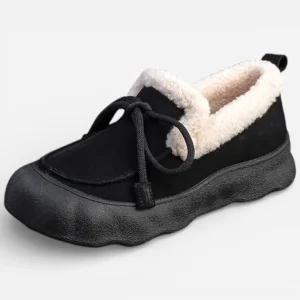 Mocassins Femme Hiver en Cuir & Daim Noir Plateforme