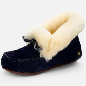 Mocassins Femme Hiver en Cuir et Laine Noirs