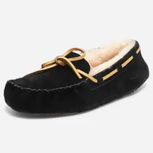 Mocassins Femme Hiver en Cuir & Laine Noirs à Lacet Décoratif