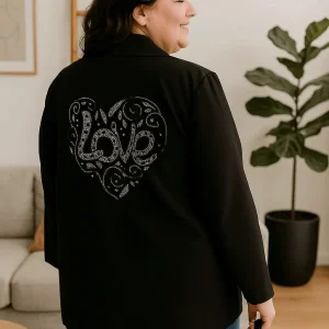 Blazer LOVE Strass – Grand Cœur Étincelant au Dos – Made in Italy Jusqu'au 50