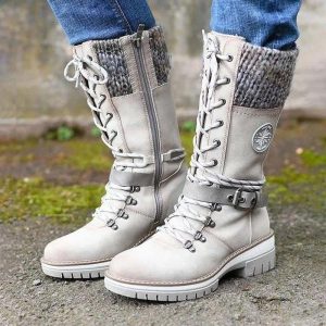 Bottes mi-mollet pour femme – Similicuir – Fermeture éclair à lacets – Bordure en tricot – Semelle antidérapante