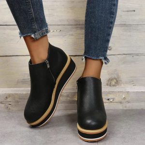 Bottines pour femme – Semelle plateforme – Fermeture éclair latérale – Cuir synthétique – Coupe ajustée