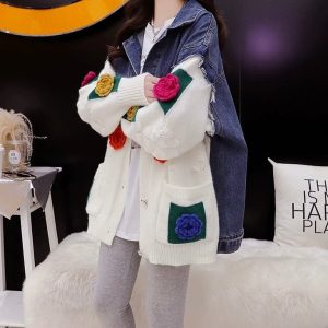 Cardigan femme maille et denim blanc empiècements contrastés - Style urbain moderne mi-saison