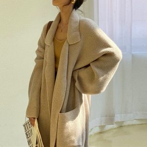 Cardigan long en maille pour femme - Robe confortable ceinturée avec col à revers - Style décontracté et chic pour l'automne/hiver