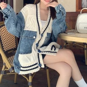 Cardigan oversize femme denim et maille automne-hiver Max for Me - Style urbain décontracté