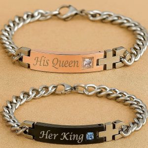Duo Bracelets assortis pour couple – Gravés “His Queen & Her King” en acier inoxydable