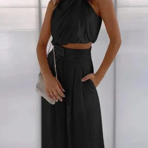 Ensemble féminin en deux pièces - Crop Top sans manches et pantalon large à tête haute - ajustement élégant