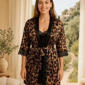 Ensemble Peignoir + Nuisette Léopard Satiné – Lingerie Sexy Femme 36-44