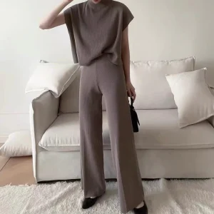 Ensemble taupe été débardeur maille côtelée pantalon large minimaliste - sophistication estivale - MAX FOR ME