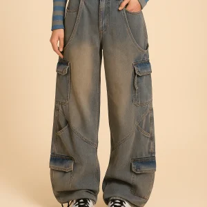 Jean Cargo Large en Denim avec Bretelles