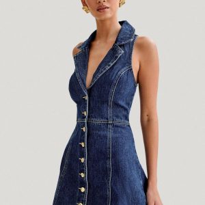 Robe en Jean Sans Manches pour Femmes – Boutonnage Central