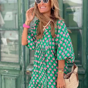 Robe Longue Femme Bohème Verte Imprimée – Coupe Fluide et Décontractée