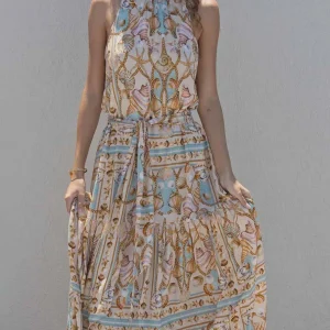 Robe longue satinée imprimé océan - élégance fluide pour toutes occasions