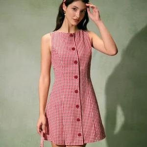 Robe Mini Rouge à Carreaux – Sans Manches, Coton Léger et Boutonnage Vintage