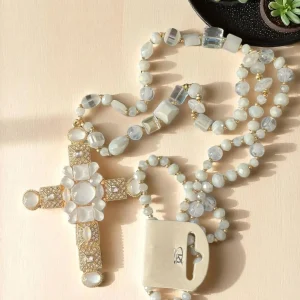 Sautoir L'Aura Sacrée Croix Pierres Facettées Acier Inoxydable – 46cm