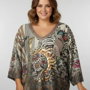 Pull Calavera d'Or Tête de Mort Fleurie – Col V Pailleté – Made in Italy 36-52